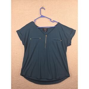 Flower & Feather Teal V-Neck Zip Front Blouse Size XL